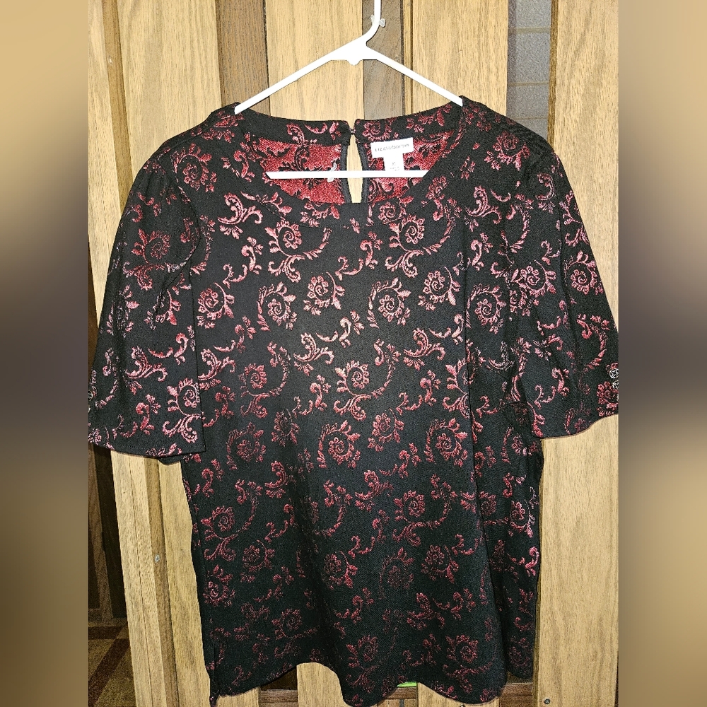 Elegant Black and Red Floral Brocade Top
